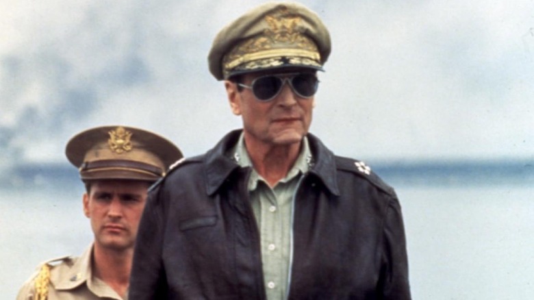 Laurence Olivier is clad in a leather jacket as General Douglas MacArthur in Inchon