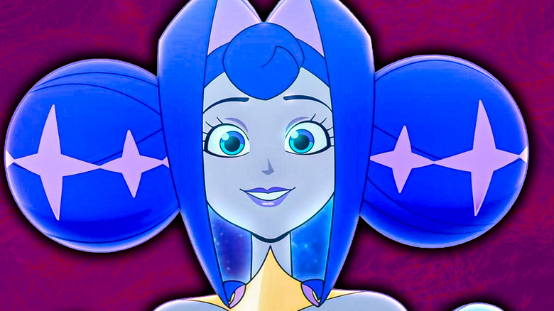 Guinevere from Knights of Guinevere against a splashy blue and red background