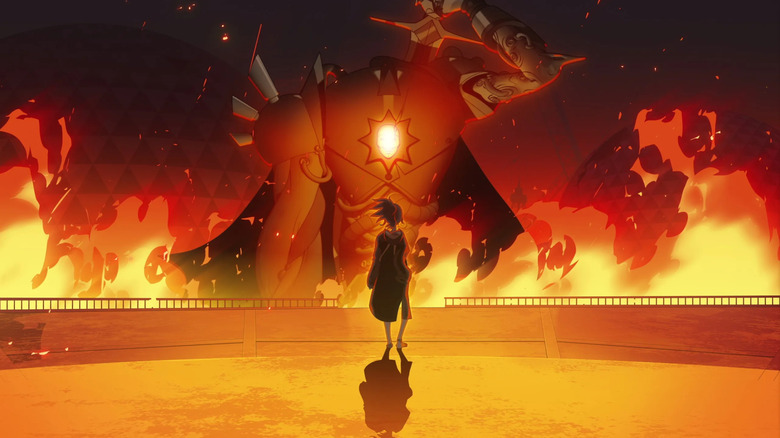 A Guinevere robot making a stand against a giant robot in a fiery background in Knights of Guinevere