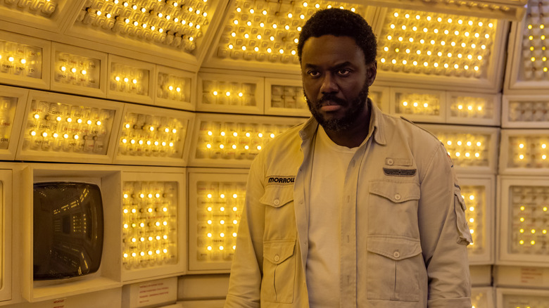 Morrow looking scared inside a control room on a spaceship in Alien: Earth