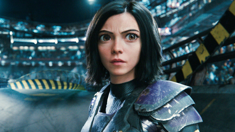 Rosa Salazar looking focused in Alita: Battle Angel