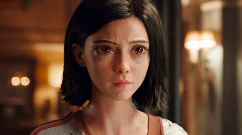 Rosa Salazar looking sad in Alita: Battle Angel