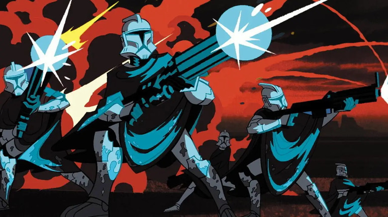 Clone troopers firing their blasters in Star Wars: Clone Wars