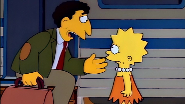 The Simpsons Mr. Bergstom with suitcase kneeling speaking to Lisa