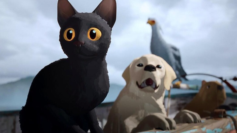 A cat on a boat sitting next to a dog, copy and bird in flowing