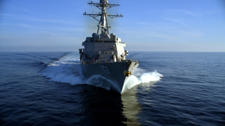 the USS Nathan James is seen moving through the ocean in The Last Ship