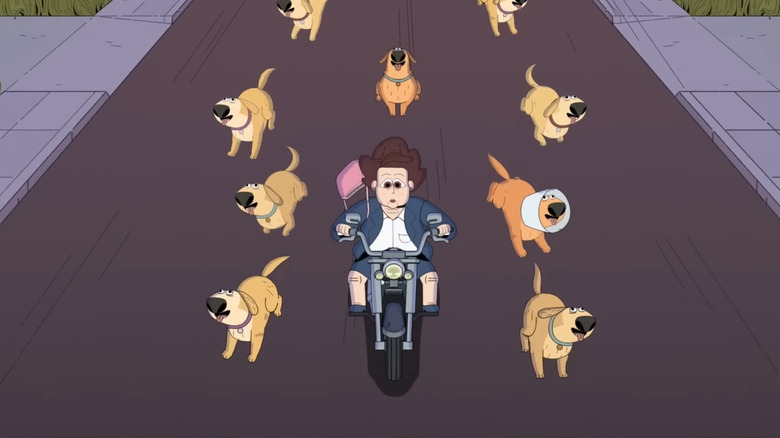 Carol driving a motorcycle while surrounded by dogs in Carol & The End of the World