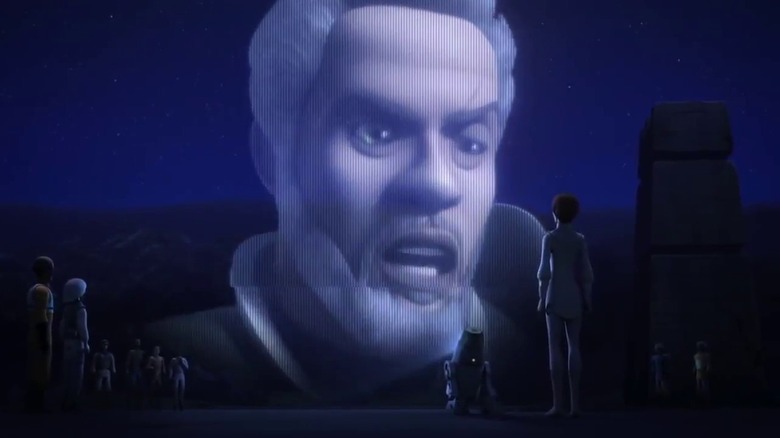 Proyeksi hologram raksasa melihat Gerrera berbicara dengan marah di Mon Mothma di Star Wars Rebels