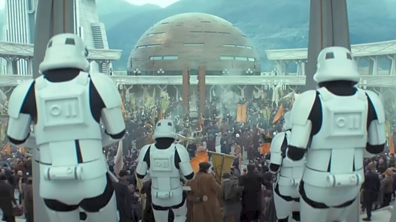Stormtroopers overlook a protest in Andor