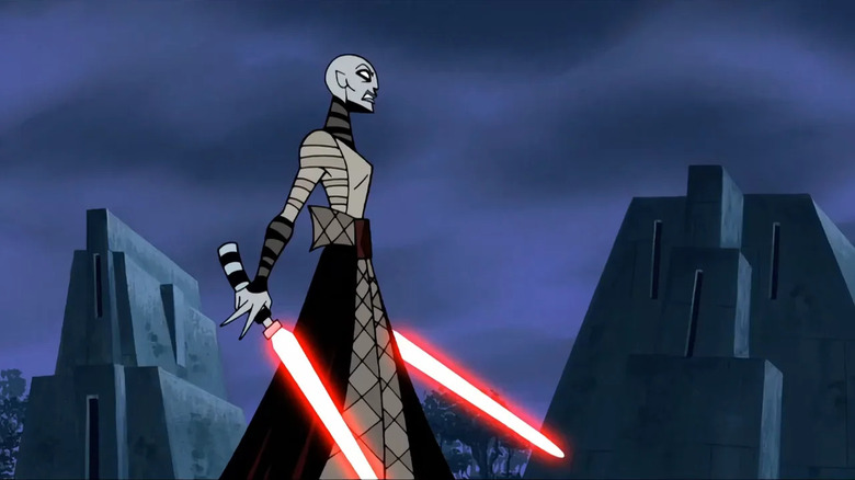 Asajj Ventress stands in front of the temples of Yavin 4 in Star Wars: Clone Wars