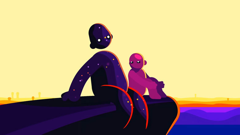 A large cosmic being talking to a human creature in The Egg