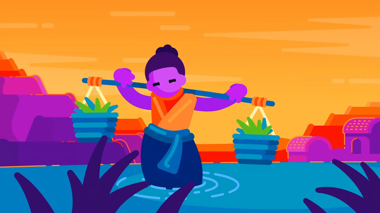 முட்டையில் இரண்டு வாளிகளை வைத்திருக்கும் விவசாயி