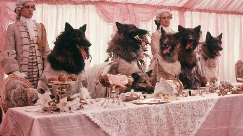 A bunch of aristocratic dogs at a table in The Company of Wolves