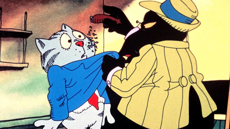 Duke (John McCurry) holds Fritz (Skip Hennant) by the collar and taps cigar ashes into his shirt in Fritz the Cat (1972)