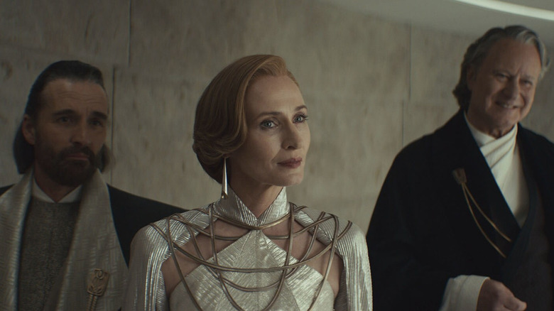 Mon Mothma standing between Perrin and Luthen in Andor season 2