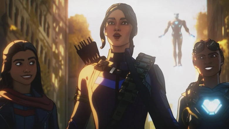 Ms. Marvel, Kate Bishop, and Ironheart standing together and smiling in What If...?