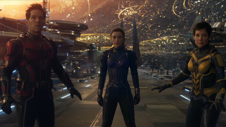 Paul Rudd, Kathryn Newton, and Evangeline Lilly as Scott Lang, Cassie Lang, and Hope Van Dyne in Ant-Man and the Wasp: Quantumania