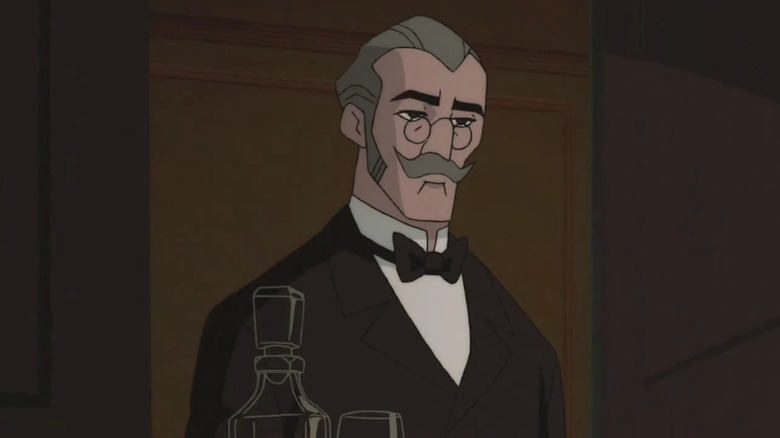 Alfred holding a tray of drinks in Batman: Gotham By Gaslight