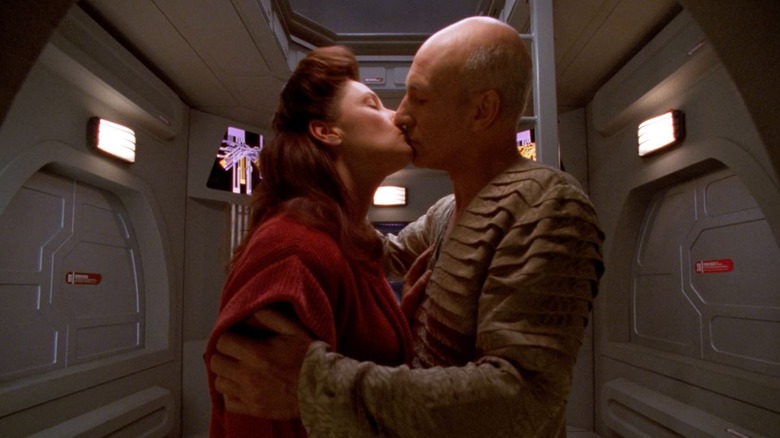 Captain Picard kissing Nella Daren on Star Trek: The Next Generation