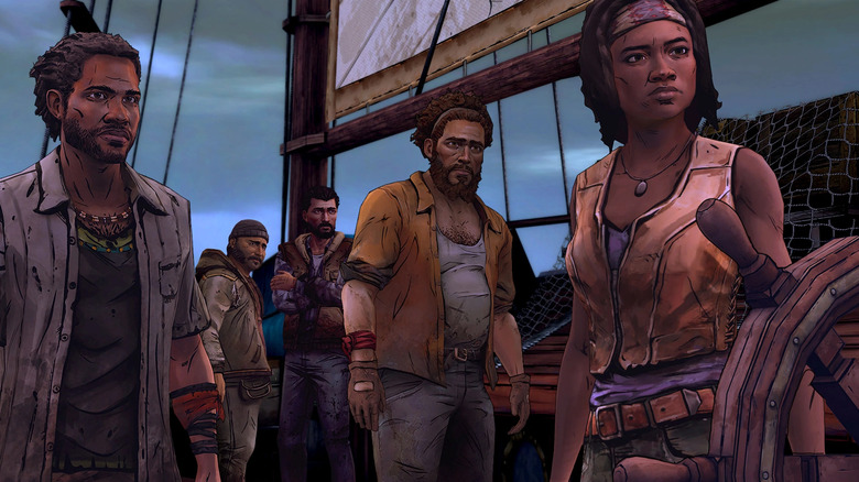 Michonne with a group of survivors in Telltale's The Walking Dead