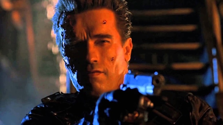 Arnold Schwarzenegger says Hasta la vista, baby as the T-800 in Terminator 2: Judgment Day