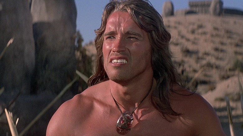 Conan (Arnold Schwarzenegger) squinting in 