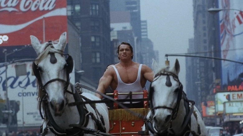 Hercules driving a chariot through Times Square in Hercules in New York