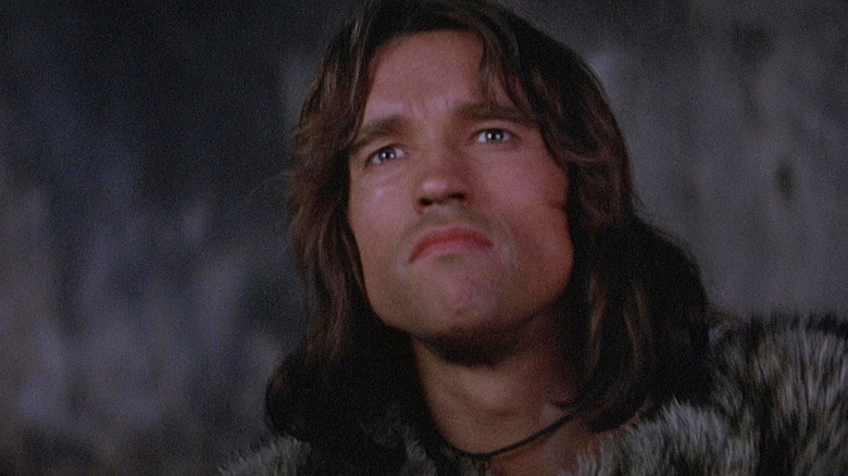Arnold Schwarzenegger as Conan looking into the distance in Conan the Barbarian
