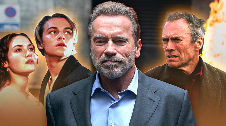 Arnold Schwarznegger superimposed over images of Leonardo Dicaprio, Kate Winslet, and Clint Eastwood