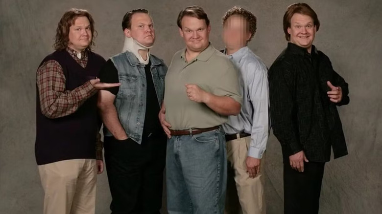 Andy Richter as himself, Donnie, Rocky, Emmett, and Chareth, posing for a family portrait on Arrested Development