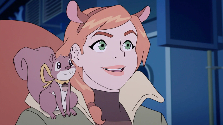 Milana Vayntrub as Doreen Green (aka. Squirrel Girl) with a squirrel on her shoulder in Marvel Rising