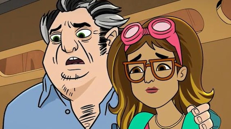 Stephen Root as Uncle Danny Moonshiner and Milana Vayntrub as Ellie Moonshiner look concerned in Dallas & Robo