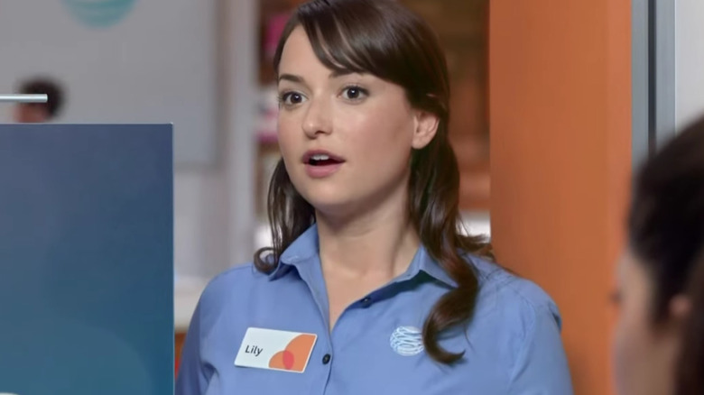 Milana Vayntrub's Lily looking surprised in an AT&T commercial