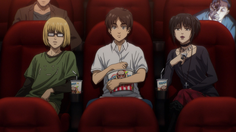 Armin, Mikasa and Eren watching a film in attack on Titan: The Last Attack