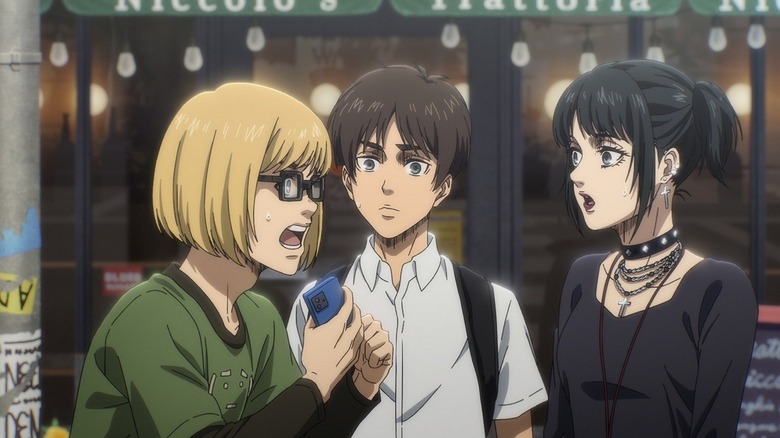 Armin raises his hands with anger by speaking to Eren and Mikasa in attack on Titan: Last attack