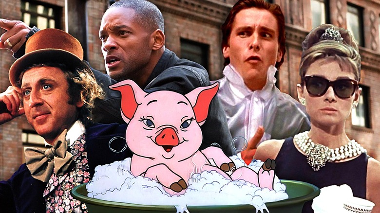 Composite of Gene Wilder as Willy Wonka, Will Smith as Robert Neville, Wilbur the pig from Charlotte's Web, Christian Bale as Patrick Bateman, and Audrey Hepburn as Holly Golightly