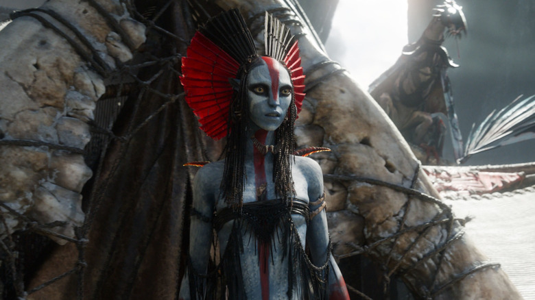 Oona Chaplin as Varang emerging from her hut in Avatar: Fire and Ash