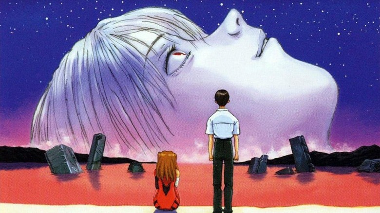 A poster for End of Evangelion where Shinji and Asuka watch at a giant Rei sticking out of a red ocean