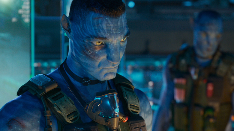 Sam Worthington as Jake Sully in his Na'vi form in Avatar: Fire and Ash