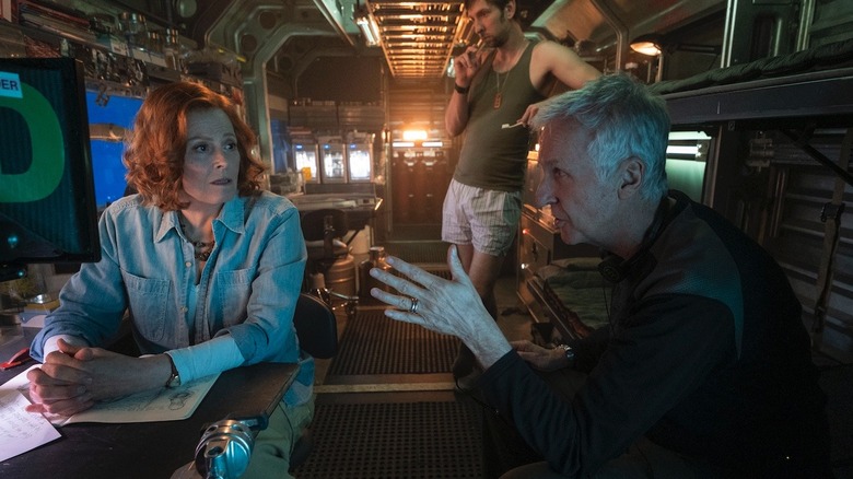 Sigourney Weaver and James Cameron on the set of Avatar: The Way of Water
