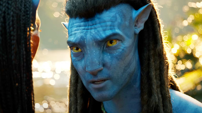 A closeup of Jake Sully in Avatar