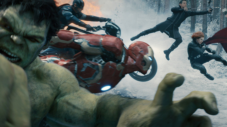 The Avengers heroically storming into battle in the beginning of Avengers: Age of Ultron