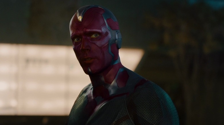Paul Bettany as Vision speaking with the Avengers in Avengers: Age of Ultron