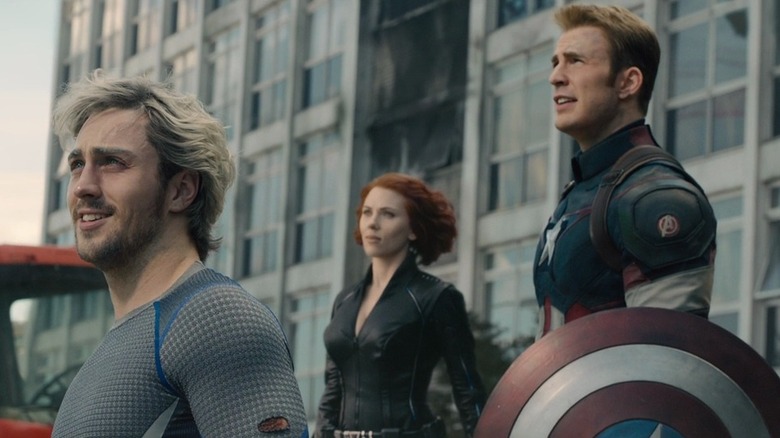 Quicksilver, Black Widow, and Captain America standing together in Sokovia in Avengers: Age of Ultron
