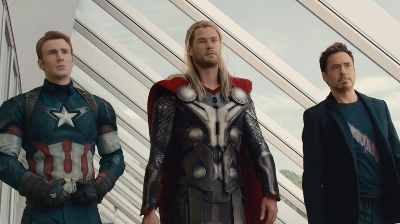 Captain America, Thor, and Tony Stark walking and talking at the end of Avengers: Age of Ultron