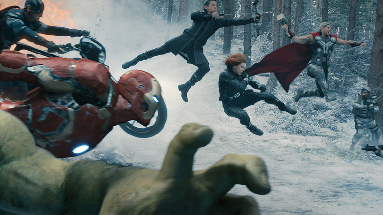 The Avengers heroically storming into battle in the beginning of Avengers: Age of Ultron