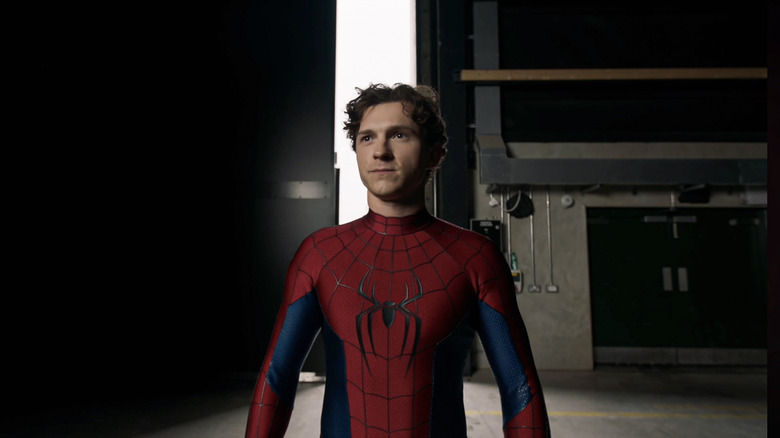 Tom Holland in his new Spider-Man costume on the set of Spider-Man: Brand New Day