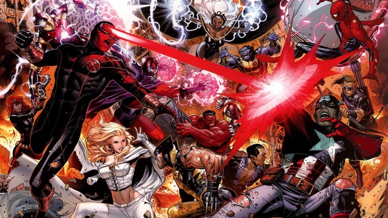 Avengers vs X-Men banner: Black Widow, Iron Man, Cyclops, Emma Frost, Magneto, Wolverine, Red Hulk, Juggernaut, Storm, Beast, Spider-Man, Namor, Captain America, and Hawkeye all in big group battle