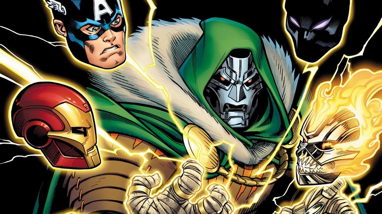 Avengers #750 Doctor Doom surrounded by floating heads of Iron Man, Captain America, Black Panther and Ghost Rider