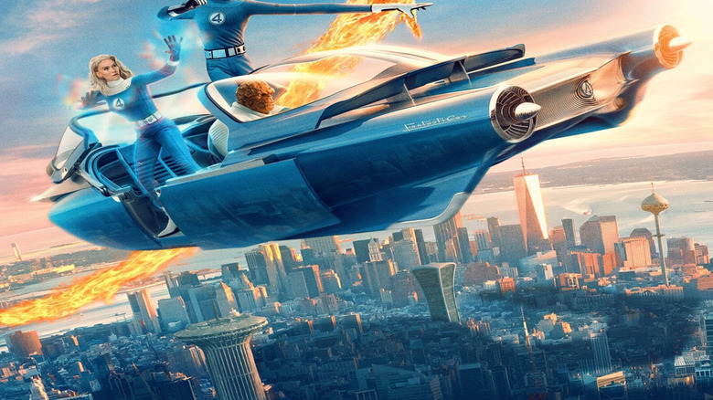 The Fantastic Four flying in the Fantasticar on a poster for The Fantastic Four: First Steps